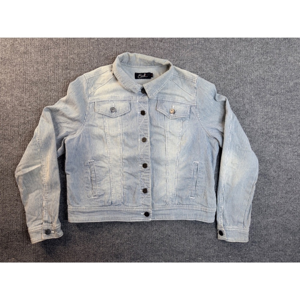 Earl Jean Womens Large Blue White Railroad Stripe Denim Jacket Vintage Y2K